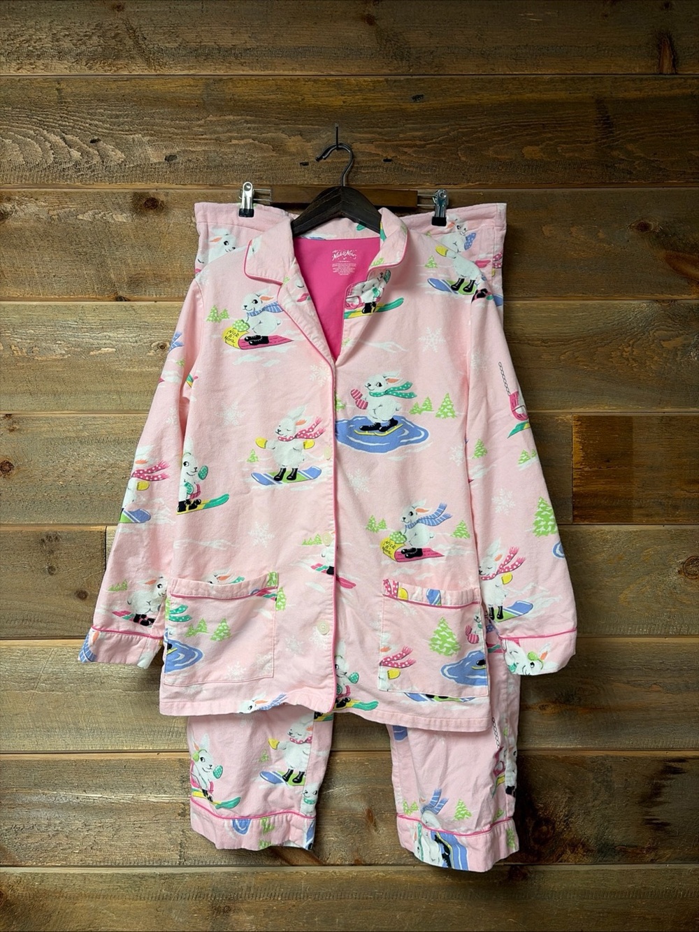 Nick and Nora Ski Bunnies Pajama Set Womens M Pink Flannel Long Sleeve Ski Sled